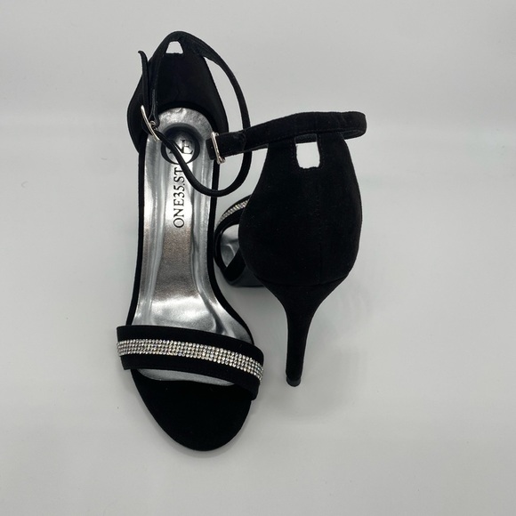 One35 Shoes - SPARKLY BLACK VEGAN SUEDE ANKLE STRAP HIGH HEEL SANDALS SIZE#36